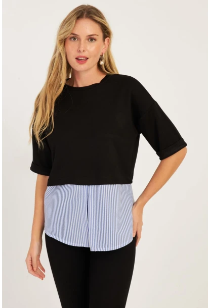 Kadın Siyah Gömlek Dataylı Bluz ST835