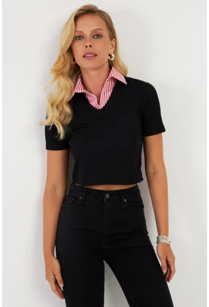 Kadın Siyah Gömlek Yaka Bluz MK19