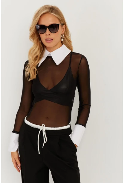 Kadın Siyah Gömlek Yaka Tül Bluz MEN2033