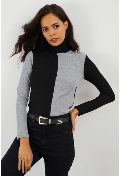 Kadın Siyah-Gri Balıkçı Yaka Kontrast Bloklu Kaşkorse Bluz EY1405