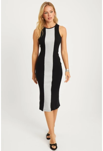 Kadın Siyah-Gri Kaşkorse Yırtmaçlı Midi Elbise XL2010