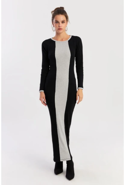 Kadın Siyah-Grı Renk Bloklu Kaşkorse Maxi Elbise XL403