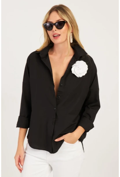 Kadın Siyah Gül Aksesuarlı Gömlek SF2540