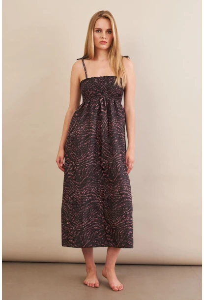 Kadın Siyah-Gülkurusu Straplez Çizgili Plaj Elbisesi OR502