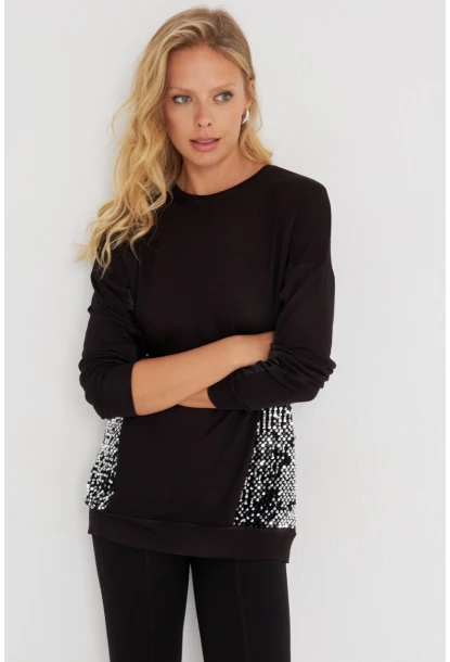 Kadın Siyah-Gümüş Payetli Uzun Bluz ST3124