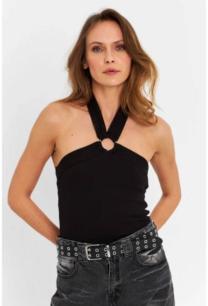 Kadın Siyah Halkalı Crop Bluz B2634-90