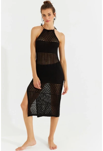 Kadın Siyah Halter Yaka Ajurlu Midi Elbise SF2506