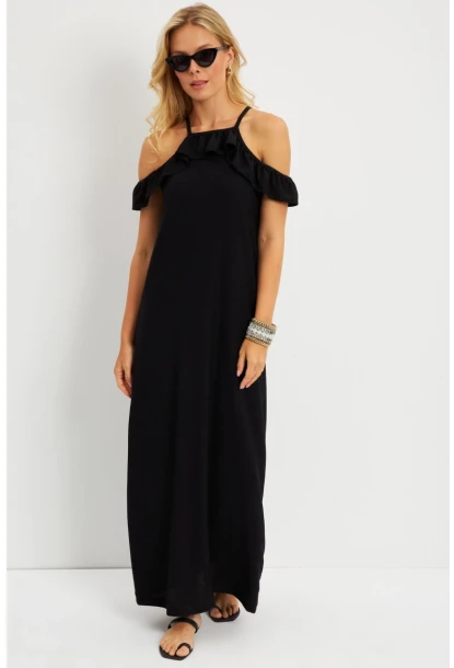 Kadın Siyah Halter Yaka Bürümcük Midi Elbise EY2789
