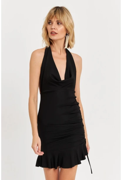 Kadın Siyah Halter Yaka Fırfırlı Mini Elbise DCF008