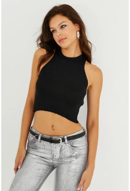 Kadın Siyah Halter Yaka Simli Crop Bluz KZ2202