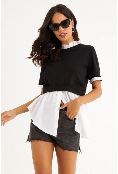 Kadın Siyah İkili Asimetrik İki İplik Bluz B1454