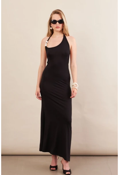 Kadın Siyah İnci Aksesuarlı Maxi Elbise EY3105