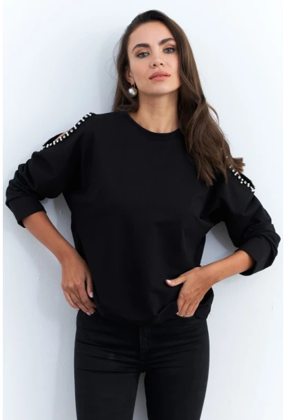 Kadın Siyah İnci Aksesuarlı Sweatshirt RLO85