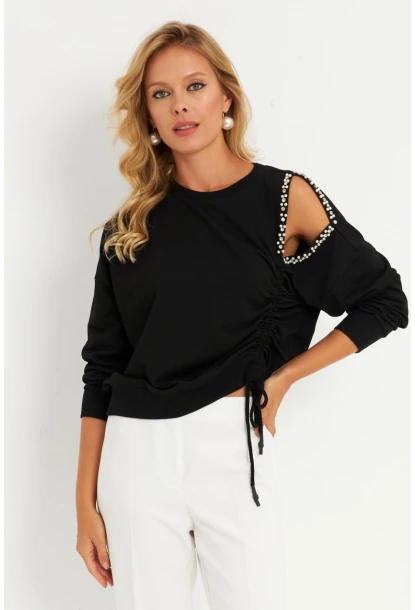 Kadın Siyah İnci Detaylı Büzgülü Sweatshirt RLO04