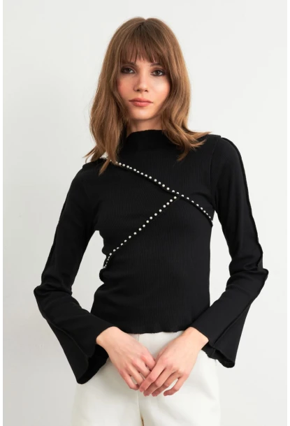 Kadın Siyah İnci Detaylı Kaşkorse Bluz ALB3701