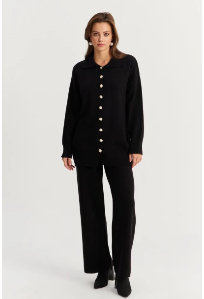 Kadın Siyah İnci Düğmeli Hırka Triko Alt Üst Takım NUV26