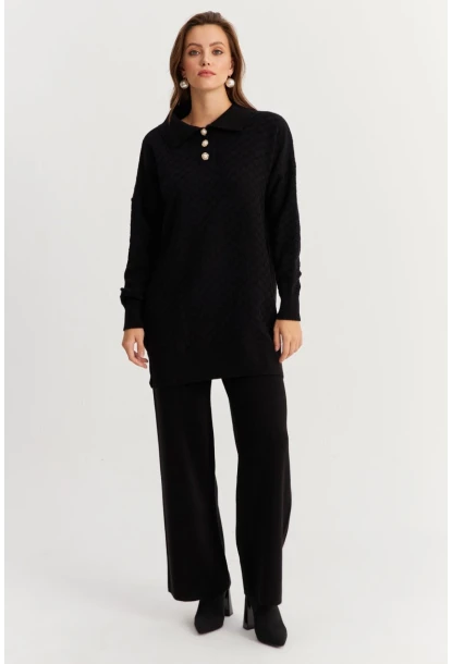 Kadın Siyah İnci Düğmeli Triko Alt Üst Takım NUV33