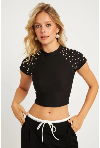 Kadın Siyah İncili Kısa Bluz HOL2112