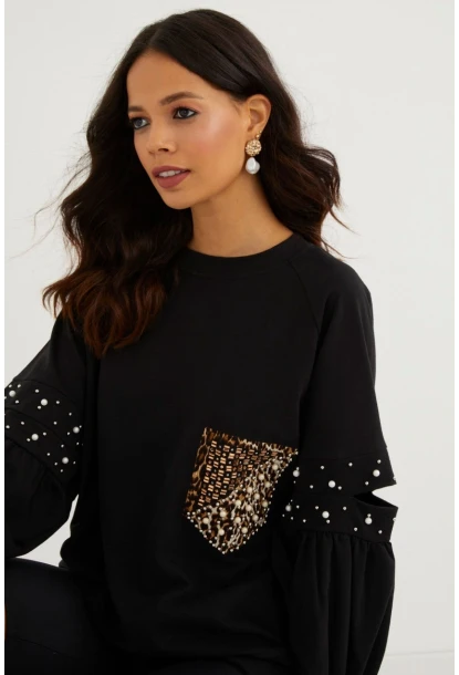 Kadın Siyah İncili Kol Detaylı Sweatshirt PKA400