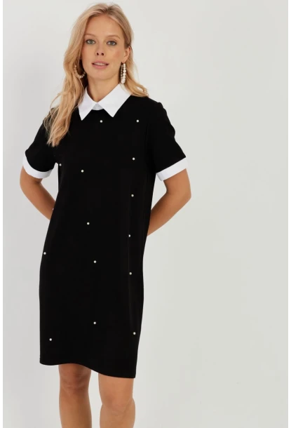 Kadın Siyah İncili Midi Elbise ST833