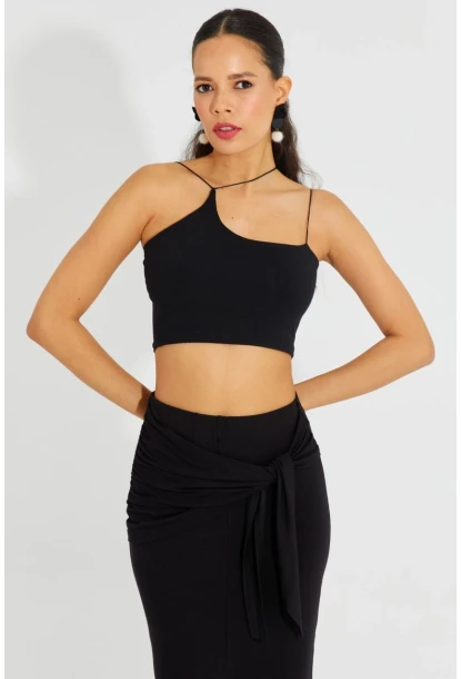 Kadın Siyah İp Askılı Crop Bluz B2594