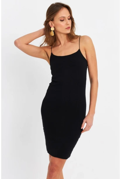 Kadın Siyah İp Askılı Kaşkorse Midi Elbise RSP248