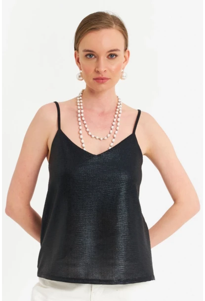 Kadın Siyah İp Askılı Parlak Bluz RSP1094