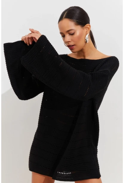 Kadın Siyah İspanyol Kol Ajurlu Triko Uzun Bluz SMT199