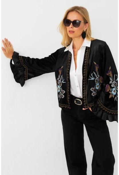 Kadın Siyah İspanyol Kol Nakışlı Kadife Simli Ceket QS5577
