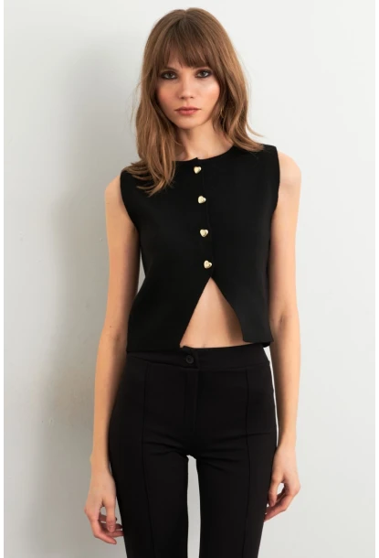 Kadın Siyah Kalp Düğmeli Triko Bluz SF2560