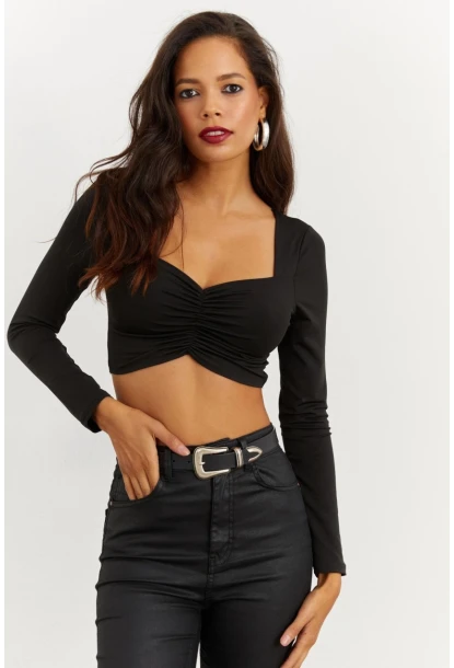Kadın Siyah Kalp Yaka Crop Bluz CG260