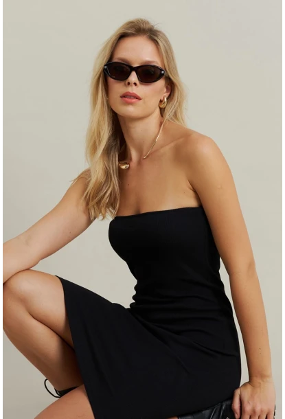 Kadın Siyah Kalp Yaka Kaşkorse Mini Elbise TF45