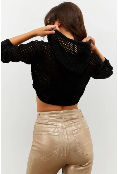 Kadın Siyah Kapüşonlu File Kısa Bluz YV153