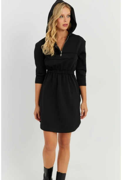 Kadın Siyah Kapüşonlu Skuba Mini  Elbise KED4104