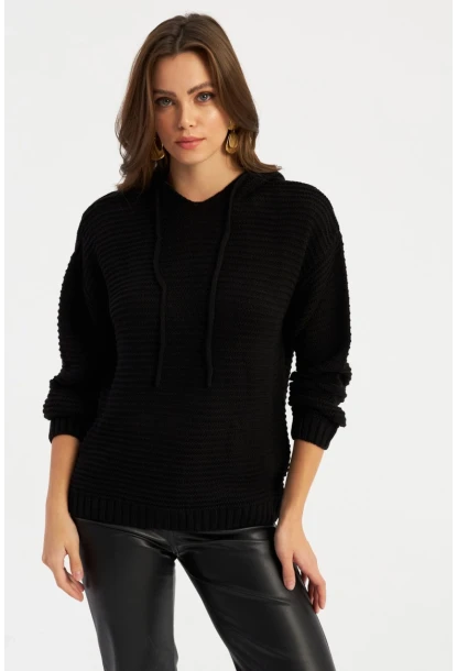 Kadın Siyah Kapüşonlu Triko Bluz SMT2419