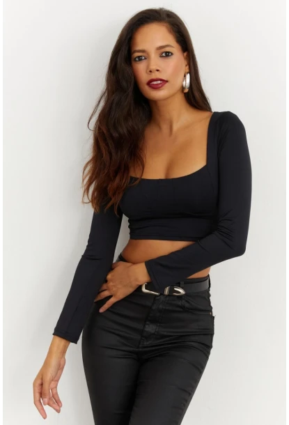 Kadın Siyah Kare Yaka Crop Bluz CG263
