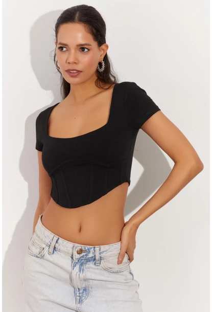 Kadın Siyah Kare Yaka Crop Bluz RX420