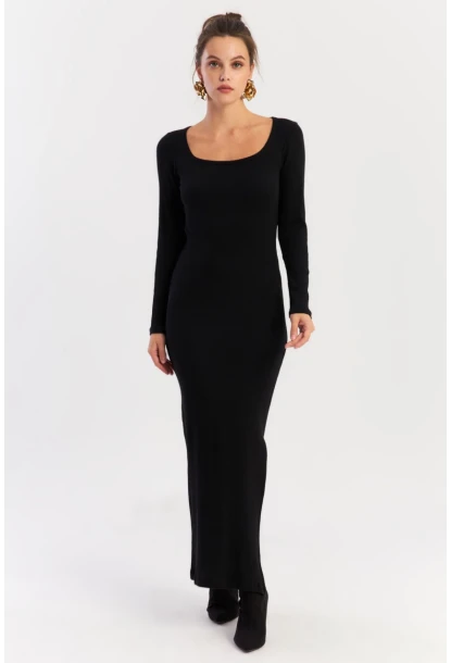 Kadın Siyah Kare Yaka Maxi Elbise XL2211