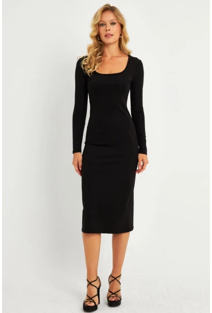 Kadın Siyah Kare Yaka Midi Elbise CG382