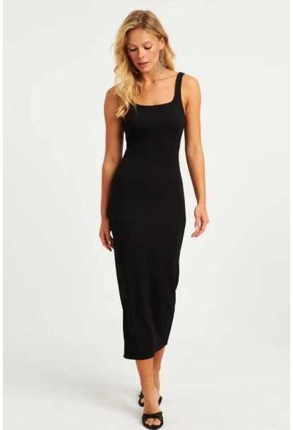 Kadın Siyah Kare Yaka Midi Elbise DMR295