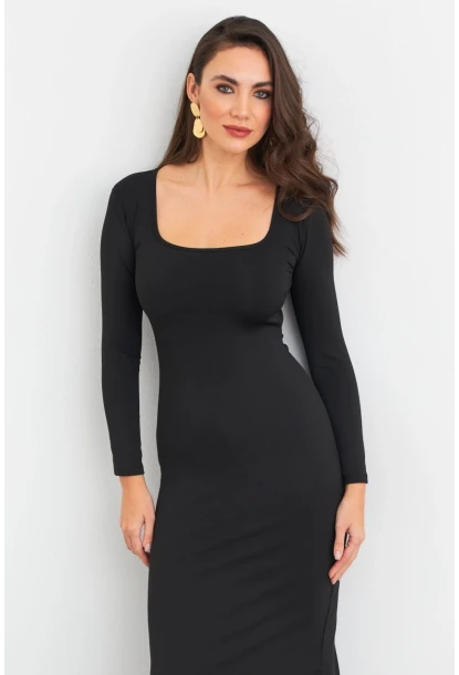 Kadın Siyah Kare Yaka Midi Elbise XC8102