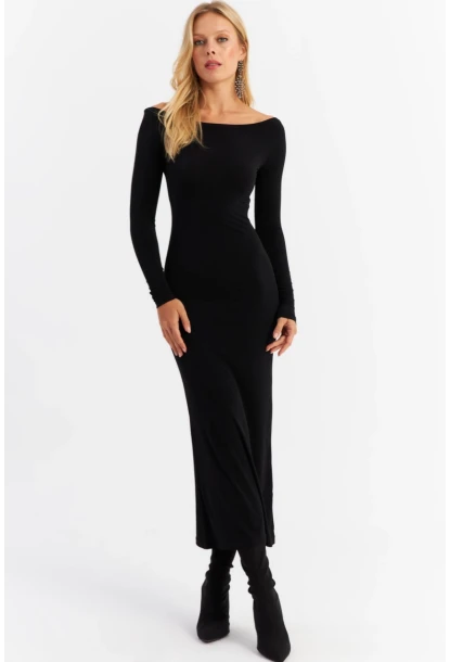 Kadın Siyah Kayık Yaka Maxi Yılbaşı Elbise HOR03