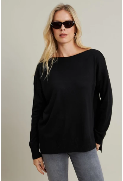 Kadın Siyah Kayık Yaka Triko Bluz YİL561