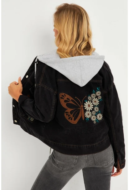 Kadın Siyah Kelebek Nakışlı Kapüşonlu Kot Ceket İS423