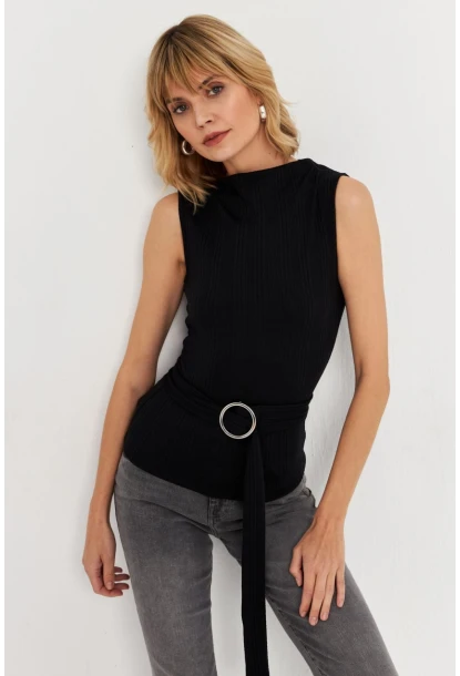 Kadın Siyah Kemer Aksesuarlı Bluz TF67