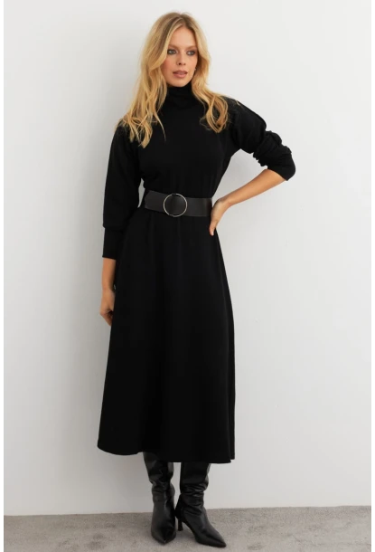 Kadın Siyah Kemerli Balıkçı Yaka Elbise MKSD992