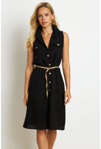 Kadın Siyah Kemerli Gömlek Midi Elbise SGT404