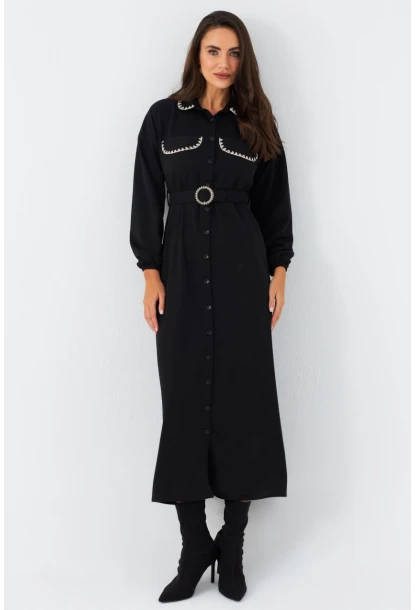 Kadın Siyah Kemerli Maxi Gömlek Elbise MASF17