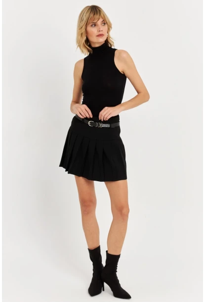 Kadın Siyah Kemerli Pilili Mini Etek ELA6024