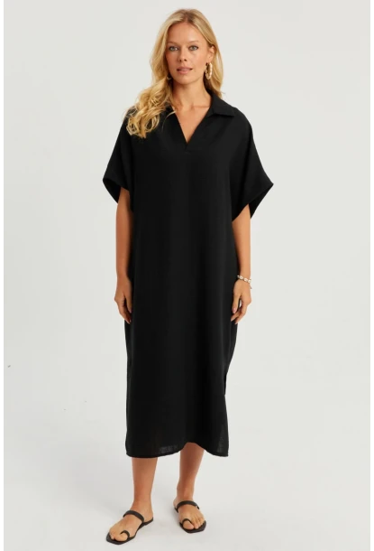 Kadın Siyah Keten Midi Elbise DMR85